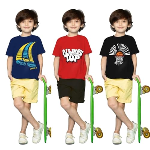 Image of Yazh Texworld Boys Round Neck Blended Cotton T-Shirts | Regular Fit | Half Sleeve | Casual Wear | Trendy | Combo Pack of 3 | Multicolor | Soft, Durable, and Stylish for Everyday use