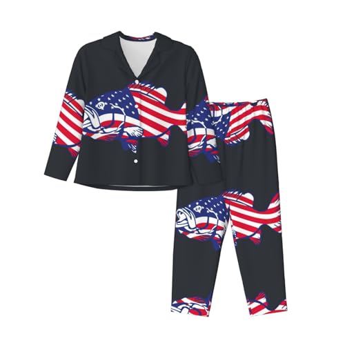 Pyjama imprimé drapeau américain ensemble vêtement de nuit tendance manches longues femme