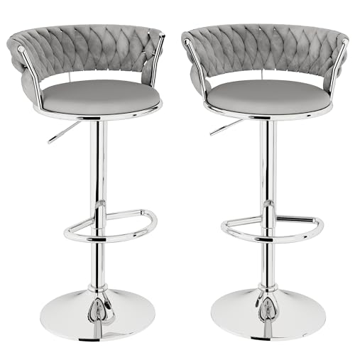 Image of Lamerge Velvet Bar Stools Set of 2,Swivel Bar Chairs Counter Adjustable Height Barstools with Back & Footrest,Upholstered Kitchen Island Chairs for Pub(2PCS Grey)