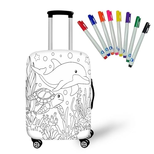 Color in Kids Luggage Covers for Suitcase Ages 6-8 8-10 DIY Coloring Dolphin Luggage Covers for Boys with 8 Pcs Marker, Kawaii