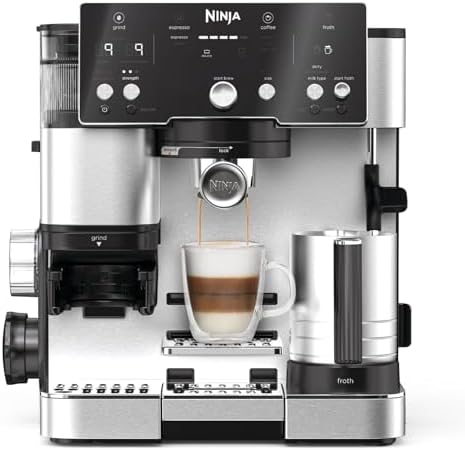 NINJA Machine à café Luxe Essential 2-en-1, Latte, Cappuccino ES501EU | Machine Espresso avec broyeur à grains et mousseur à lait intégrés, facile à utiliser, 2 préréglages mousse, argent