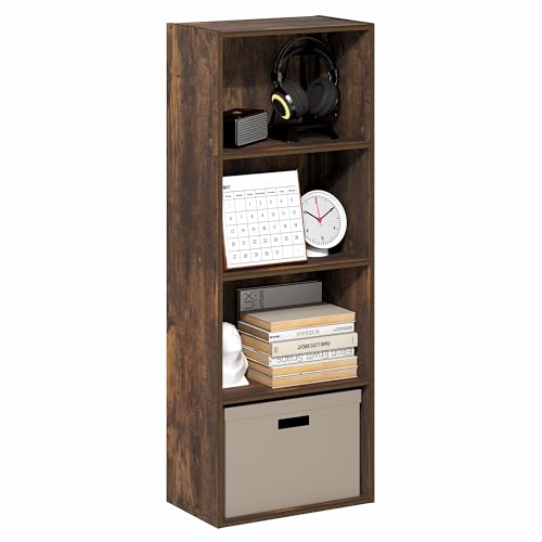 Image of Furinno LUDER Book Shelf, 4-Tier Bookshelf, Bookcase with Open Shelf, 9.3 x 15.6 x 41.7, for Corner, Living Room, Bedroom, Home Office, Amber Pine