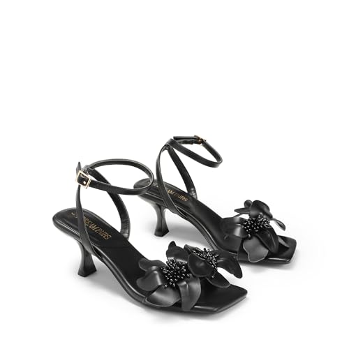 DREAM PAIRS DREAM PAIRS Women's Flower Wedding Heels Cute Square Toe Slingback Low Kitten Heels Sandals with Ankle Strap,Size 11,Black-Pu,SDHS2436W