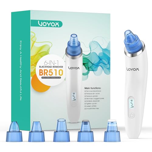 VOYOR 6-In-1 Aspiratore Elettrico Professionale Punti Neri, Estrattore per Viso e Naso, Kit Pulizia per Comedoni Brufoli Acne Ricaricabile con LCD BR510