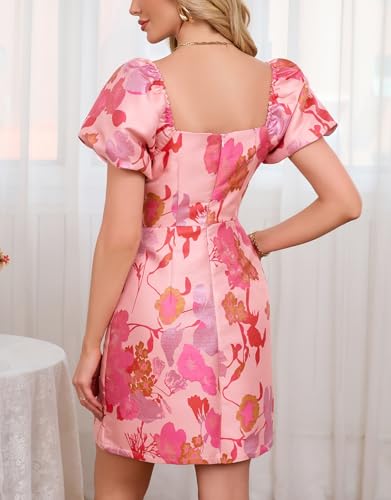 Ladyful Women's Jacquard Mini Dress Floral Short Puff Sleeve Square Neck Bodycon A-line Party Short Dress3