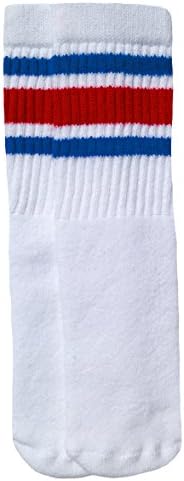 SKATERSOCKS 10" Kids White tube socks with Royal Blue-Red stripes style 3