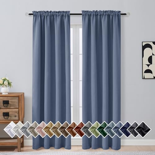 Image of Denim Blue Blackout Curtains for Bedroom 84 Inch Length 2 Panels, Soft Fabric Room Darkening Curtains for Living Room, Dual Rod Pocket Design Modern Window Treatment Drapes, 2x40Wx84L Inches