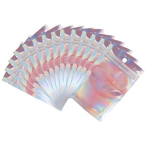 Meowoo 100Pcs Mylar Bags, Resealable Smell Proof Bags, Pouch Foil Holographic Bags Zip Lock Food Storage Bags for Candy Snack Jewelry (7.5x12cm) Cover