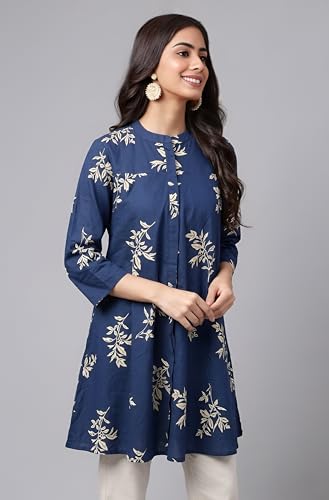 Image of Janasya Women's Pure Cotton Floral Printed Flared Tunic