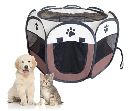 Tecageaon Portable Foldable Pet Playpen Exercise Pen Kennel Tent Indoor Outdoor Water-Resistant Removable Shade Cover for Puppies Kittens Cats Small Dogs (Brown)