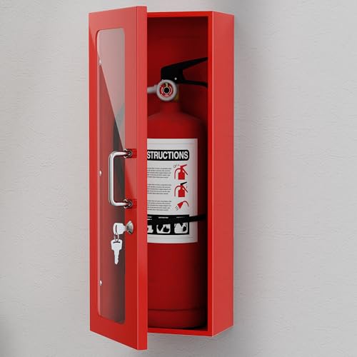 RDUIGT Wall Mount Fire Extinguisher Cabinet with Handle and Lock, Red Steel Storage Box for Fire Extinguisher, 24\" H x 9\" W x 6\" D Fire Extinguisher Holder for 10LB Extinguisher