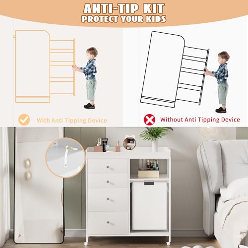Image of 4-Drawer Storage Changing Station Dresser with Changing Table Top Mobile Baby Nursery Dresser with 1 Open Shelf and 1 Laundry Hamper Diaper Changing Station for Infant,White