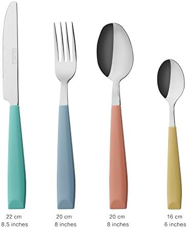 EXZACT Cutlery Set 24pcs Coloured - Stainless Steel with Vibrantly Coloured Plastic Wide HandlesComfortable to Hold-6 x Forks, 6 x Dinner Knives, 6 x Dinner Spoons, 6 x Teaspoons