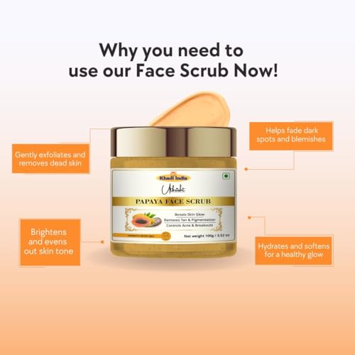 Image of Khadi Papaya Face Scrub 100 gm | Vitamin A & C | Hydrates, Brightens for Glowing & Even Out Skin Tone | For Dead Skin Cells, Dark Spots | All Skin Types | Exfoliating Scrub for Men & Women