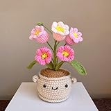 ANNE'S GIVERNY Handmade Crochet Flower Pot with Interchangeable Flowers, White, Blue, Pink, Yellow Sunflowers, Decorative Planter, Wellness Gift (Pink)