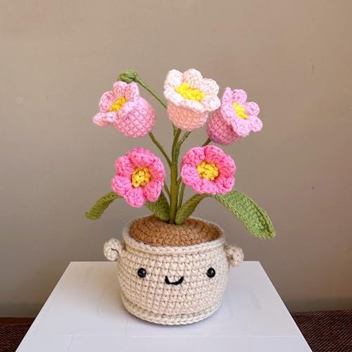 ANNE'S GIVERNY Handmade Crochet Flower Pot with Interchangeable Flowers, White, Blue, Pink, Yellow Sunflowers, Decorative Planter, Wellness Gift (Pink)