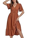 LYANER Women Boho Maxi Dress Long Sleeve V Neck Swiss Dot High Waited A-Line Ruffle Tiered Chiffon Long Dresses Rust Red Small