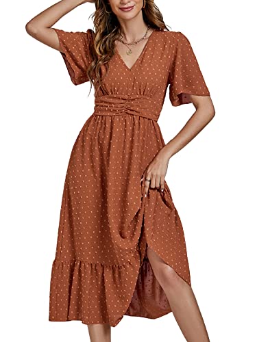 LYANER Women Boho Maxi Dress Long Sleeve V Neck Swiss Dot High Waited A-Line Ruffle Tiered Chiffon Long Dresses