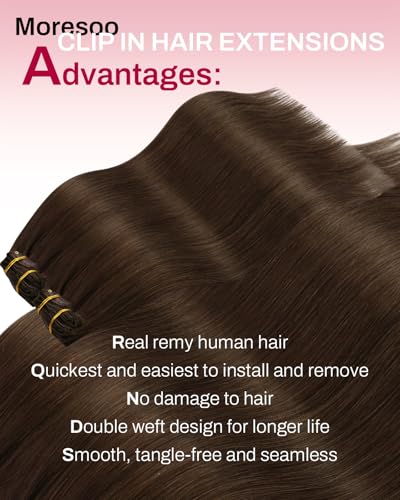Image of Moresoo Human Hair Clip in Extensions Brown Double Weft Silk Soft Natural Hair Extensions for Women Medium Brown #4 7pcs /150g 22inch