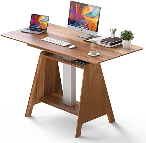 HOUSEELF Adjustable Standing Desk, 100% Solid Wood Adjustable Height Desk w/ 29"-48" Height Controller, Unique Look, Sturdy Legs, Silent & Smooth Lift, Sit Stand Up Desk for Home Office Study, Walnut