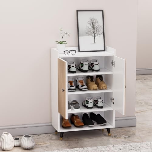 Image of Bniture Engineered Wood Shoe Cabinet with Door | Shoe Rack Wooden with Metal Legs | Sturdy and Stylish Wooden Cabinet for Home | Multipurpose Shoe Rack With 3D Fluted Panel (Frosty White & Giant Wood)