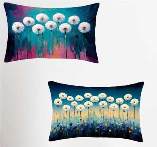 White Outdoor Pillow Covers 16x24 Set of 2, Dandelion Rectangle Throw Pillow Covers 24x16in with Hidden Zipper, Waterproof Linen Cushion Covers, Pillowcases for Bed Room Decor, Gifts for Women 7-7444