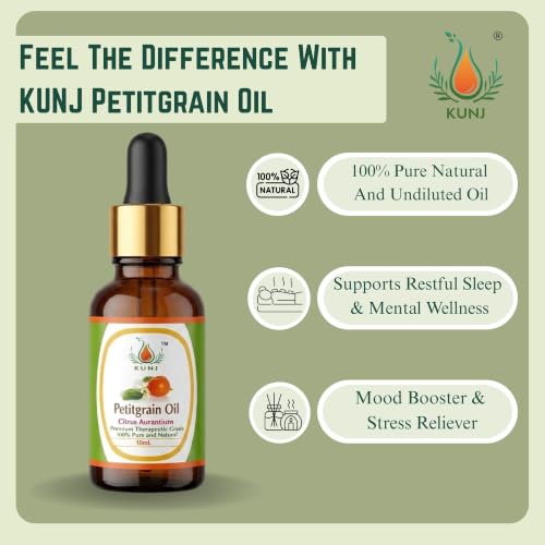 Image of KUNJ Petitgrain Essential Oil 30ml - Pure Steam Distilled Citrus aurantium Oil for Aromatherapy, Diffuser, Relaxation, Emotional Balance, Calm Mood, Stress Relief & Skin Care | 100% Natural