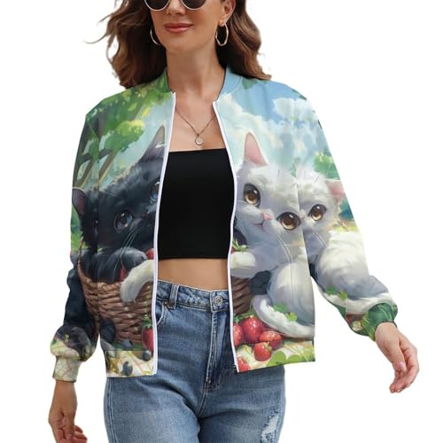 Cute Two Happy Cats Women's Zippered Jacket Long Sleeve Outwear Sweatshirts Jackets Fashion Fall Outfits XS