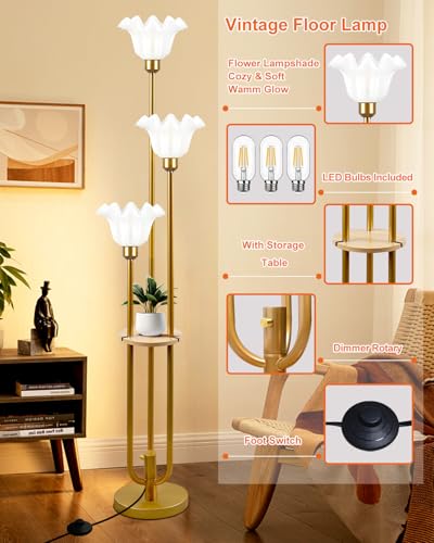 Image of Lightdot Flower Floor Lamp for Living Room Dimmable Vintage Floor Lamp with Shelf& Bulbs Included Mid Century Gold Floral Standing Tall Lamp with 5Lbs Heavy Base for Bedroom /Sofa Beside /Corner Decor