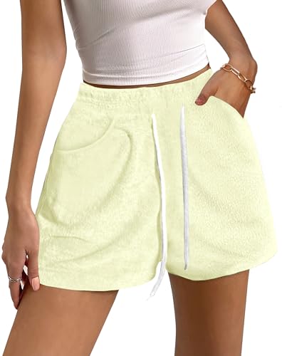 Bsubseach Short de survêtement en tissu éponge avec poches et cordon de serrage pour femme - Tenue de vacances d'été 2025, beige, Taille XL