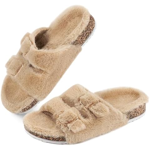 Parlovable Women's Slippers Fluffy Open Toe Fur House Shoes Arch Support Adjustable Straps Cork Slide Sandals Fuzzy Bedroom Non Slip Rubber Sole Breathable Camel 8 Cover