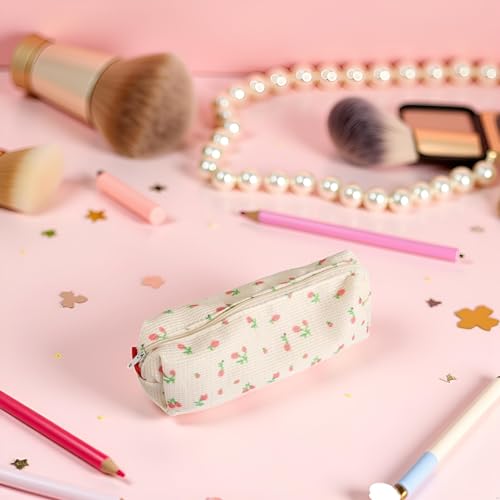 Image of Pink Women Fresh Style Pencil Bag Flower Floral Canvas Large Pen Pencil Pouch Bag Pencil Case Pen Holder Coin Pouch, Simple Cosmetic Storage Bags Makeup Bag Office Stationery Organizer