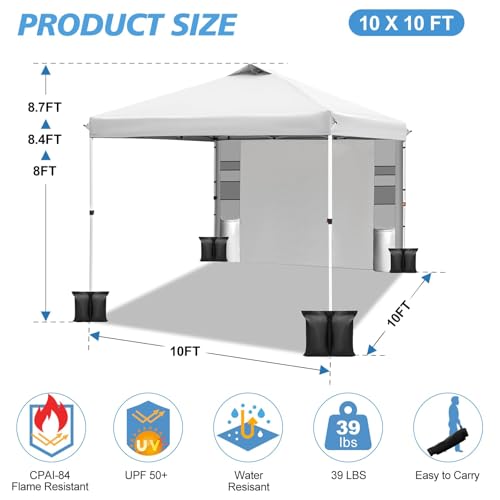 WEIZE 10x10 Pop Up Canopy Tent,One-Button Push Setup,Pop Up Tent with 1 Sidewall and 6 Pockets,Adjustable Height Instant Portable Shelter,4 Weight Bags,Sun Shade for Events & Beach (White)