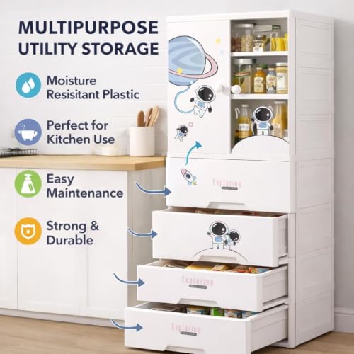 Image of Kids Plastic Collapsible Wardrobe Organizer for Storage with Drawers | Cute Cartoon Design | Heavy Duty Runner Rug Floor Mat Carpets Organizer Bedroom, Living Room (Starry-Sky, 1+3-Door)
