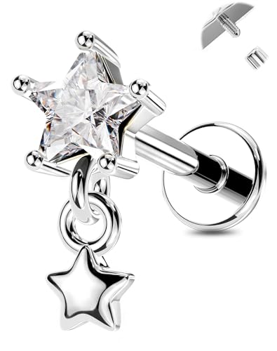OUFER 16g Silver Helix Tragus Conch Earrings 316L Surgical Steel CZ Internally Threaded Flat Back Earrings Star Dangle Nose Stud 6mm Lip Monroe Piercing Jewelry for Women on Party or Gift for Her