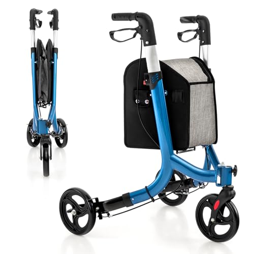 COSTWAY 3 Wheel Folding Rollator, Lightweight Aluminium Mobility Walker with Adjustable Handle, Storage Bag and Brakes, Walking Aid for Elderly Disabled (Blue, 69 x 60 x 87-99 cm)