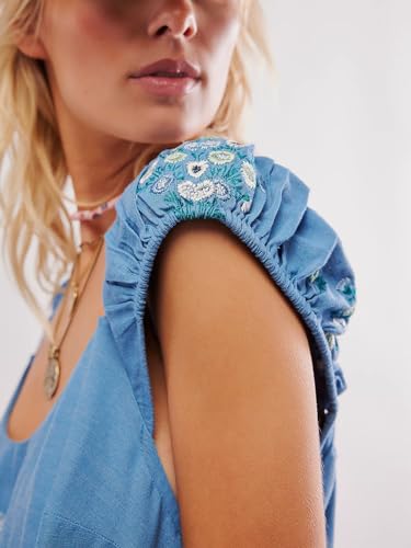 Linen Mini Cute Dress Women Floral Embroidered Dress with Crew Neck and Sleeveless Casual Guest Vintage Dresses3