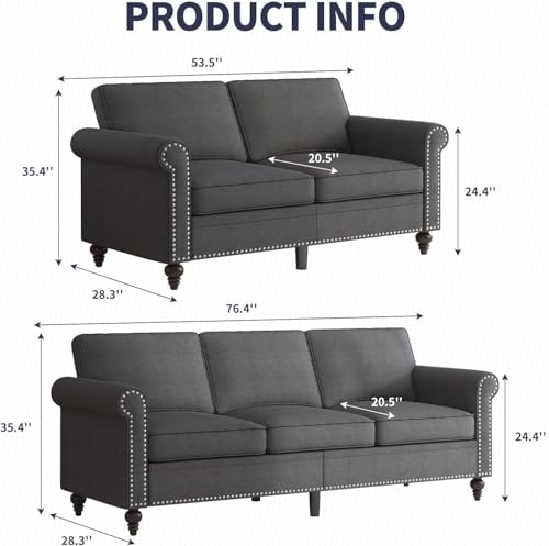 Image of ijuicy 2 Pcs Sectional Sofa Set,Modern Upholstered Couch Set-Dark Gray | Living room furniture set including loveseat and 3 seat sofa features 5 inch thick cushions and classic nailhead trim