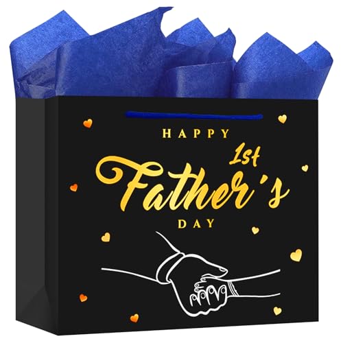 HEYINSHEN First Father's Day Gifts Bag Happy 1st Fathers Day Goodies Bag Wrap Bag for New Dad Father's Day Gift Bag with Tissue Paper Dad Wrapping Paper Goodies Bags for 1st Time