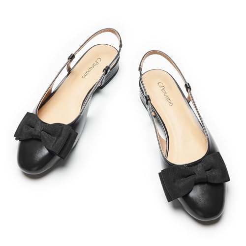 Image of C.Paravano Women's Slingback Dress Shoes | Sandals with Bows for Women| Casual Flat Shoes for Women | Almond Toe Slingback | Detachable Ankle Strap