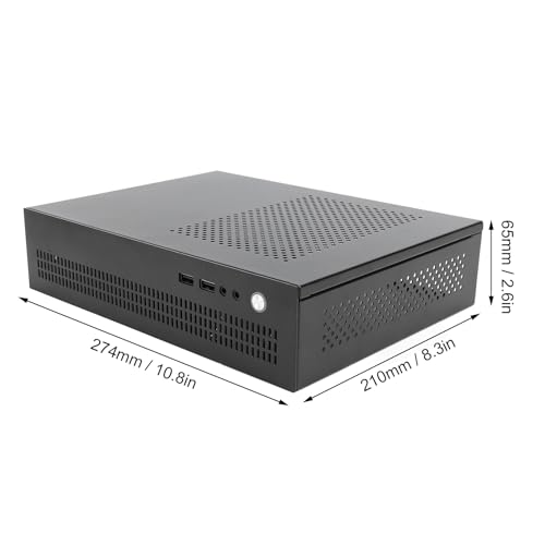 Gabinete pequeño para PC con placa de acero, soporte para motherboard Mini-ITX, ventilación eficiente con refrigeración por aire, y puertos USB 2.0 miniatura 5