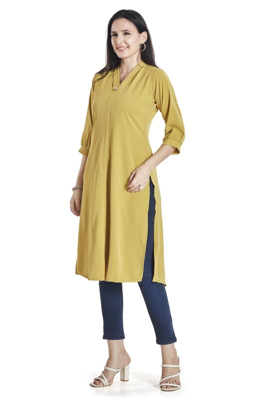 Image of nioni Women's Straight Solid Kurti with V-Fold Neck | Rayon Lycra Material | Fashionable Micro Pleates | 3 /4th Sleeve Kurta for Woman & Girls (S to 2XL)