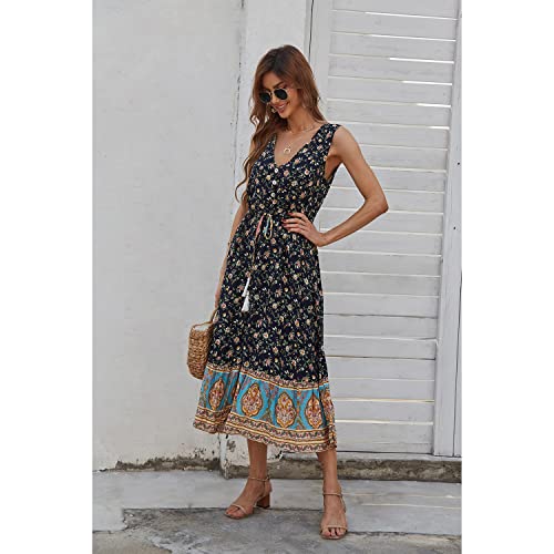 Image of BROVAVE Women Summer Bohemian Floral Print V Neck Sleeveless Sundress Flowy Casual Midi Dress