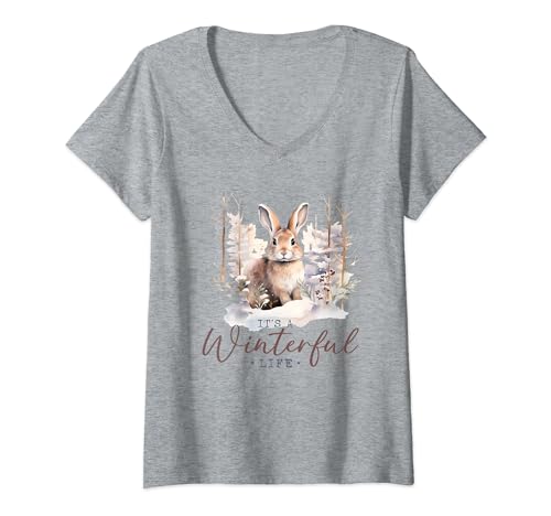 Lindo conejo bosque Navidad nevado, bosque conejo acuarela Camiseta Cuello V