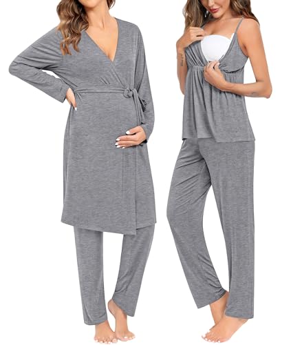 Image of SWOMOG Maternity Nursing Robe Set 3 Piece Breastfeeding Pajamas 3 in 1 Labor Delivery Sleevless Tops&Long Pants Pregnancy Pjs