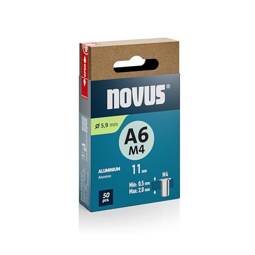 NOVUS TOOLS Dadi per rivetti ciechi in alluminio, diametro 5,9 mm, filettatura M4, lunghezza 11 mm, 50 dadi rivetti, lunghezza morsetto 0,5 – 2,0 mm, ideale per fissaggio in metallo, plastica e