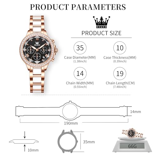 OLEVS Ladies Luxury Watch Black Mother of Pearl Dial Rose Gold Ceramic Stainless Steel Band Diamond Accents Women's Dress Watch Chronograph Elegant Ladies Waterproof Watches Fashion Quartz Watches — view 6