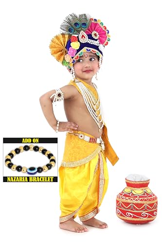 Image of Krishna Dress for Kids, Baby Krishna Dress for Janmashtami with Krishna Mukut, Peacock Feather & Flute Embroidered Krishna Costume for Girl & Boy, 3 Months-8 Years