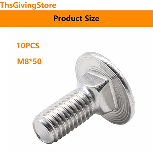 Image of 10PCS M8 x 50mm Carriage Bolts, 304 Stainless Steel Fully Threaded Round Head Square Neck Carriage Bolt (Thread Diameter: M8, Length: 50mm)