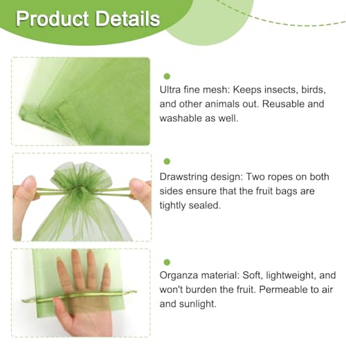 JOINDO 100 Pcs Fruit Protection Netting, 6''9'' Green Cover Mesh With Drawstring for Trees, Flowers and Vegetables